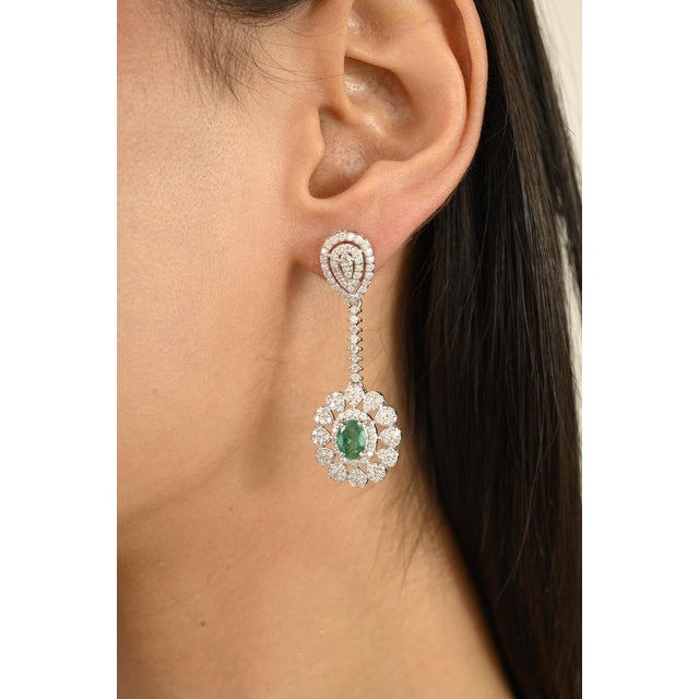 Not Yet Made - Made To Order 14k White Gold Cluster Diamond Emerald Floral Earrings- A Pair For Sale - Image 5 of 11