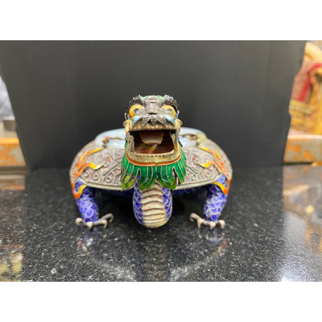 1920s 1920s Sterling Silver Enamel Dragon Cloisonné Ashtray Jade Rim For Sale - Image 5 of 8