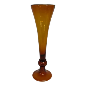 1970s Vintage Boho Chic Hollywood Regency Handblown Amber Glass Trumpet Vase