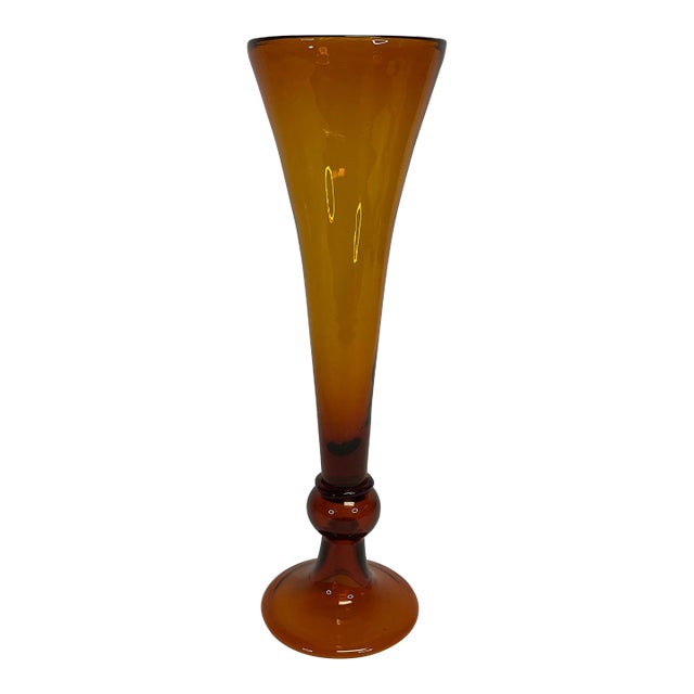 1970s Vintage Handblown Amber Glass Trumpet Vase For Sale