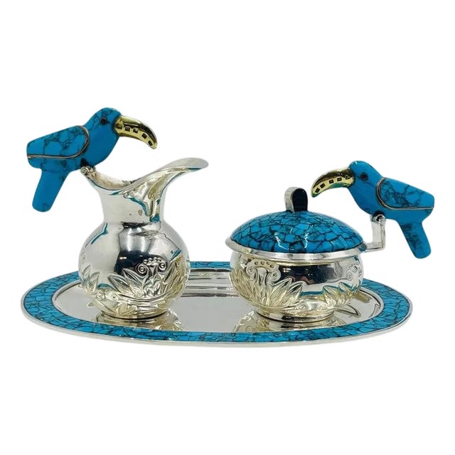 1960s Fajardo Taxco Silver Plate Brass Lapis Toucan Creamer Sugar Tray Set - 3pcs For Sale