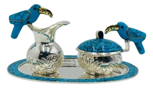 1960s Fajardo Taxco Silver Plate Brass Lapis Toucan Creamer Sugar Tray Set - 3pcs