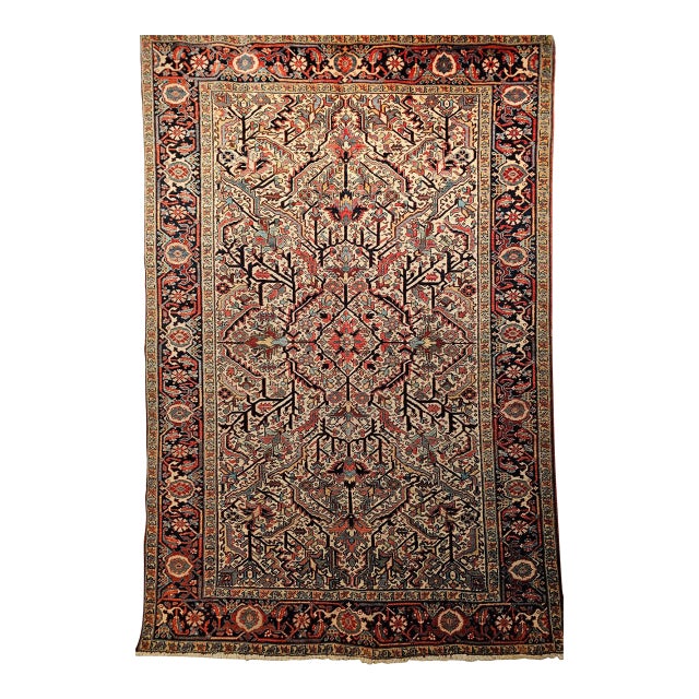 Vintage Heriz Serapi Rug, Hand-Knotted Wool, Allover Geometric Pattern, Ivory & Red, 7x10 For Sale