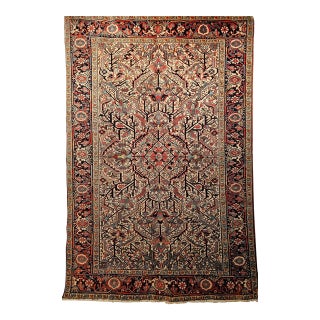 Vintage Persian Heriz Serapi Rug, Hand-Knotted Wool, Allover Geometric Pattern, Ivory & Red, 7x10 For Sale