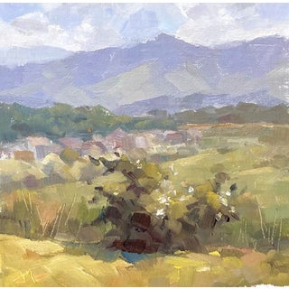 Last Mile by Judd Mercer | Oil on Panel Landscape with hills and distant buildings For Sale