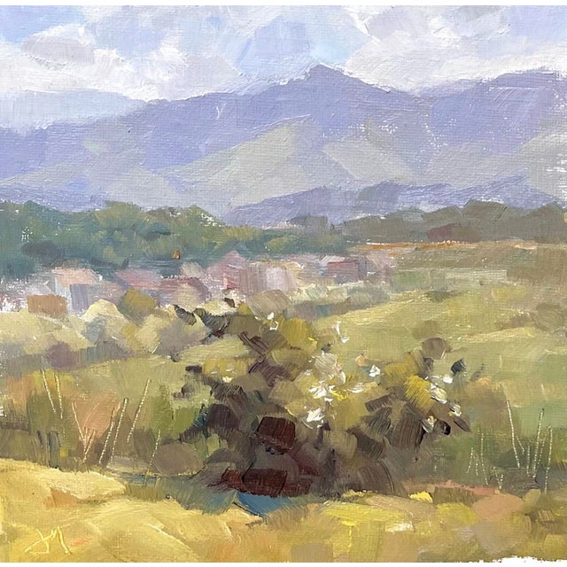 Last Mile by Judd Mercer | Oil on Panel Landscape with hills and distant buildings For Sale