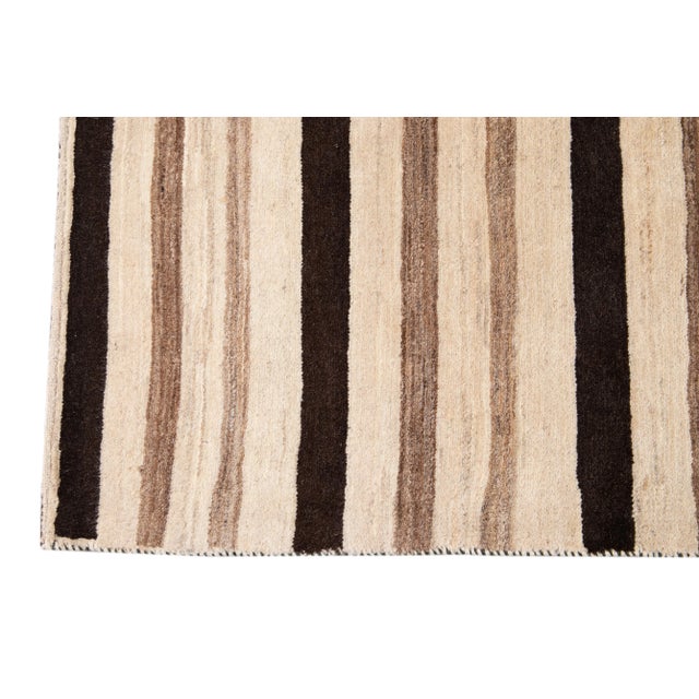 Beige Striped Modern Gabbeh Handmade Wool Rug For Sale - Image 4 of 7