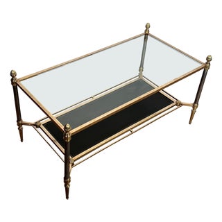 1940s Brass coffee table with black leather and glass shelves Attributed to Maison Jansen For Sale