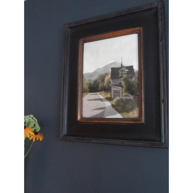 Contemporary This Way to the Mountains by Mo Myra | Varnished Watercolor on paper depicting a house with mountains. For Sale - Image 3 of 4