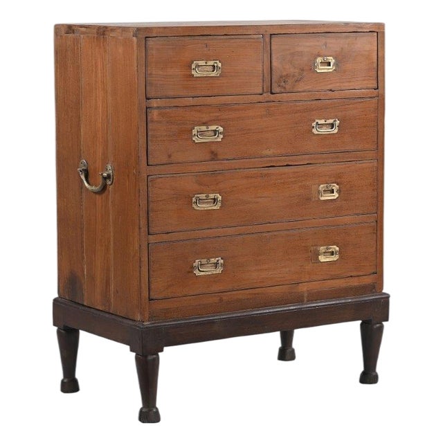 Antique Anglo-Indian Teakwood Campaign Chest of Drawers on a Legged Base For Sale