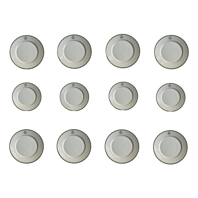 SS Monogramed Desert and Flat Plates with Gold Trim by Bareuther Bavaria, Germany,1930s, Set of 12 For Sale