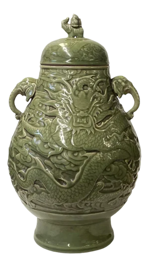 Chinese Ancient Style Celadon Ceremonial Jar With Dragon Motif