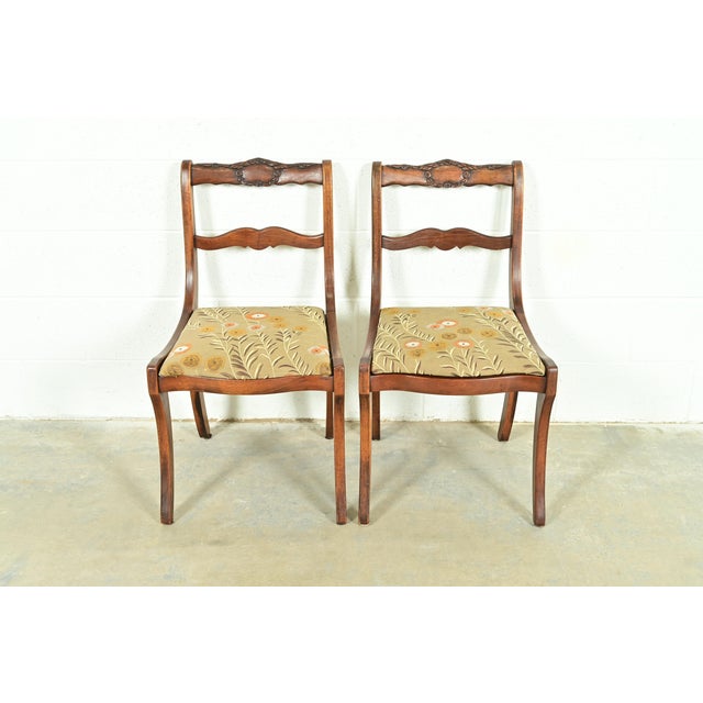 English Kindel Furniture Style Regency Carved Solid Mahogany Side Chairs or Dining Chairs, Pair For Sale - Image 3 of 14