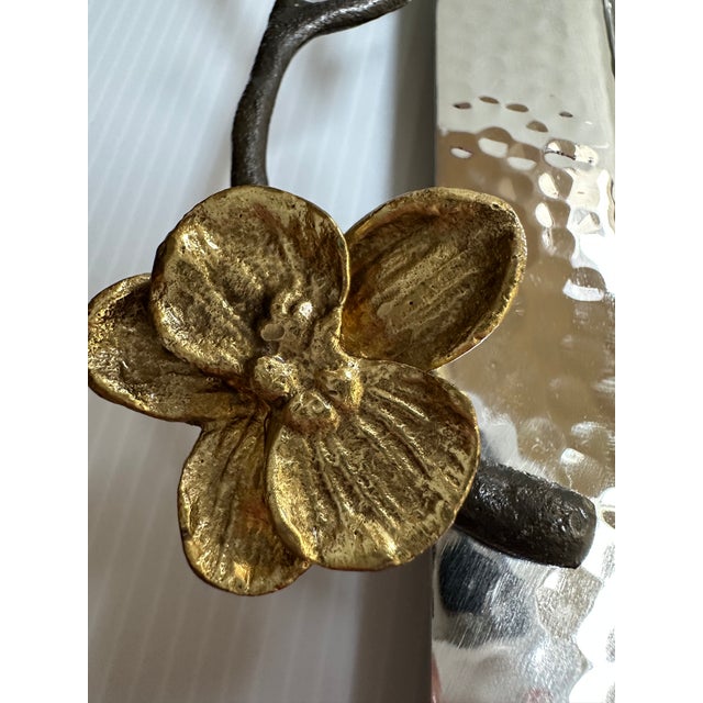 Metal Michael Aram Sign Gold Plated Orchid Flowers Hammered Silver Tone Shine Serving Tray 17"x 7" For Sale - Image 7 of 18