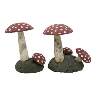Pair Vintage Painted Stone Toadstools Mushrooms With Red Caps For Sale