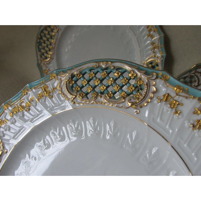 3 Fine Antique Porcelain Plates by Fischer and Mieg, Gilt Gold, Lattice Motif For Sale - Image 4 of 11