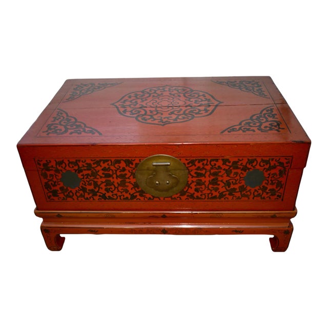 Antique Wood Trunk Table Vintage Chinese Red Lacquer Asian Stand Coffee For Sale