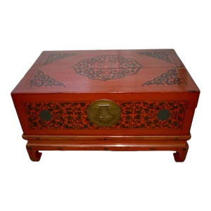 Antique Wood Trunk Table Vintage Chinese Red Lacquer Asian Stand Coffee
