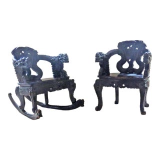 Rare Matched Set of Antique Chinese Dragon Armchair and Rocker For Sale