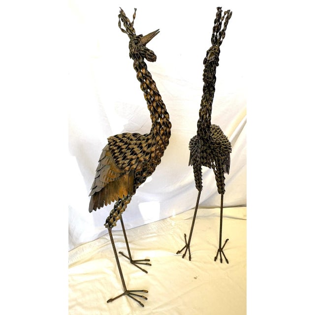 Vintage Artisan Crafted Recycled Metal Standing Crane Sculptures- A Pair For Sale - Image 11 of 18