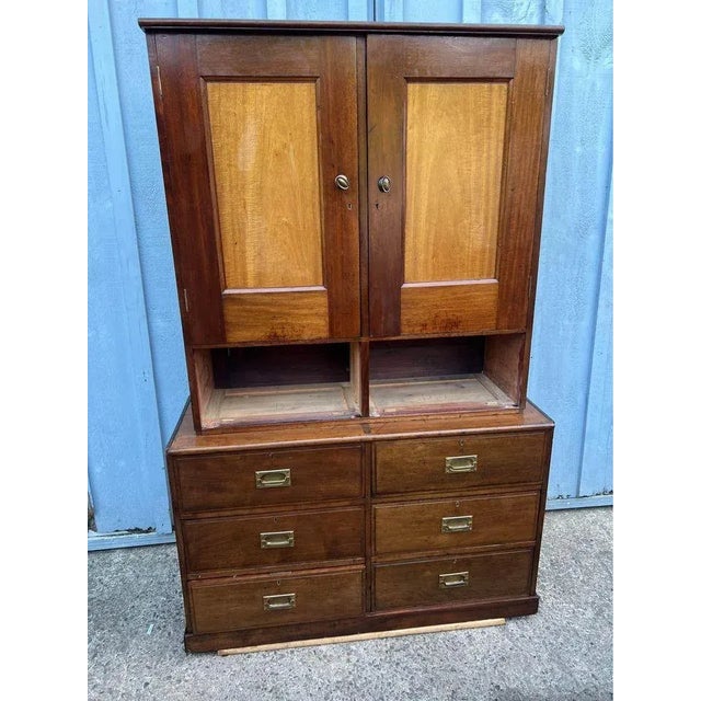 Tranditional Campaign Style Two part Solid Mahogany Cabinet. Circa 1930s. Vintage Solid Hardwood & Brass Military Campaign...