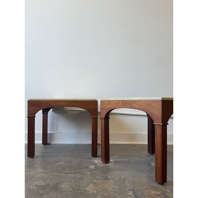 Mid-Century Modern 1960s Pair of Mahogany and Travertine Tables Attributed to John Keal for Brown Saltman For Sale - Image 3 of 12