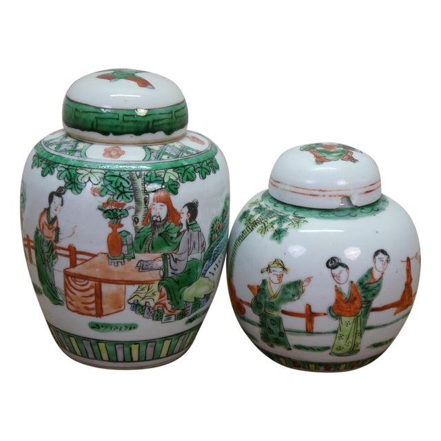 2 Antique Chinese Qing Famille Verte Porcelain Ginger Jars Mantel Urns For Sale