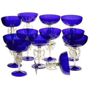 Champagne Coupes in Cobalt Murano Glass with Gold Inserts by Cenedese, Set of 12