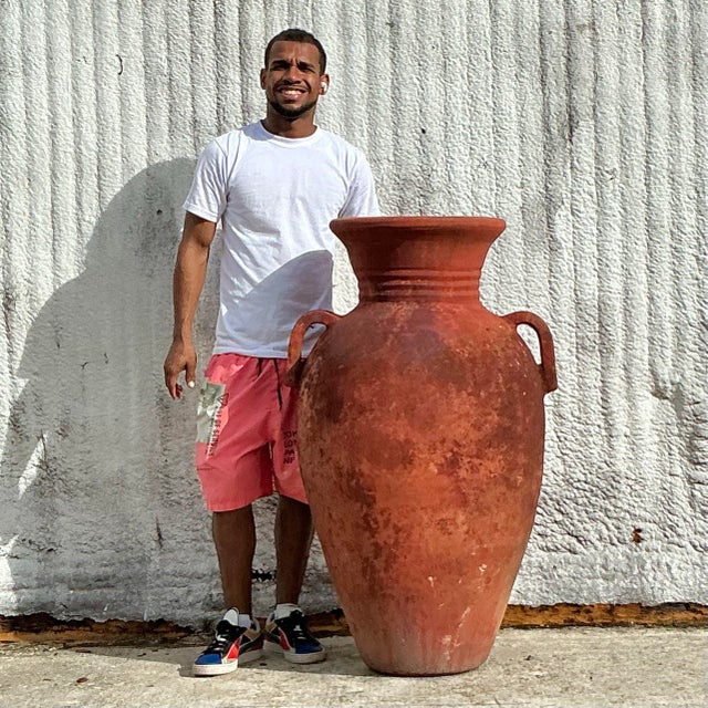 Vintage Boho Ribbed Terracotta Urn For Sale In West Palm - Image 6 of 7