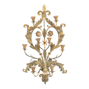 Mid 20th Century Continental Baroque Style Painted Tole & Carved Giltwood Eight-Light Wall Sconce