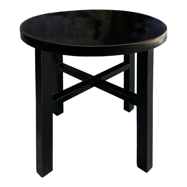 Asian Black Lacquer Round Top Cross 4 Legs Center Side Table Stand For Sale