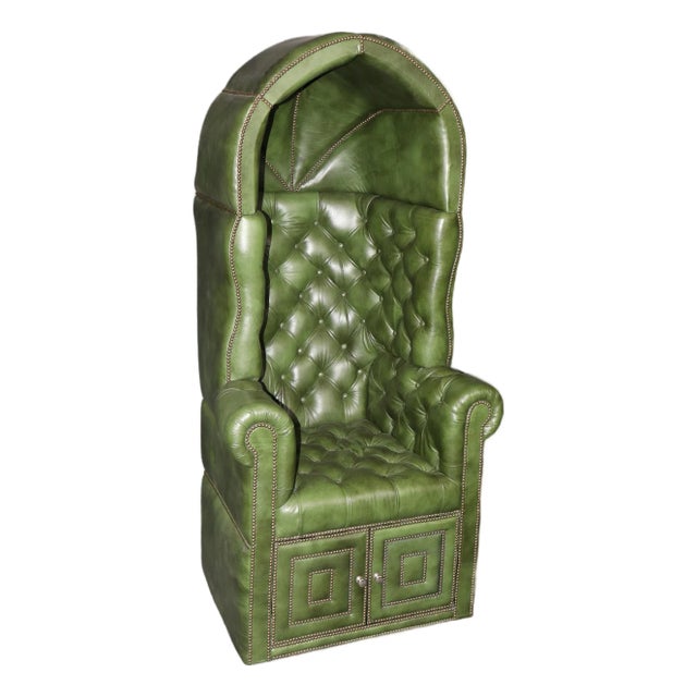 Fine Custom Brass Nail Head Trimmed Green Leather Tufted Porter Canopy Chair For Sale
