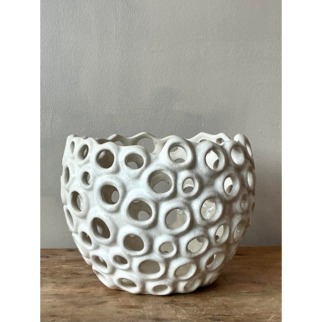 Late 20th Century Vintage Boho Glazed Ceramic Holes Bowl For Sale - Image 5 of 7