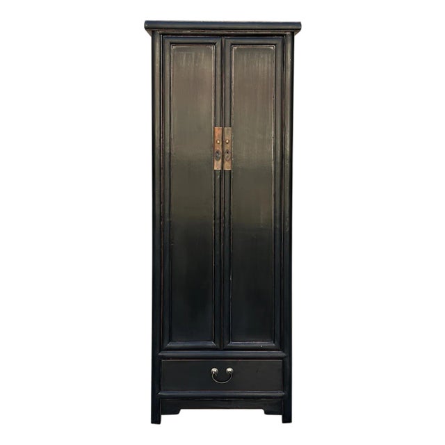 Oriental Classic Slim Black Lacquer Narrow Tall Storage Cabinet For Sale