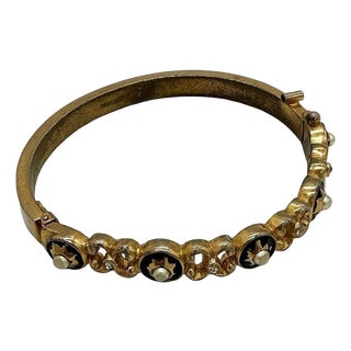 1960s Neo-Classic Hinged Bangle With Pearl & Jewels Signed CastleCliff For Sale