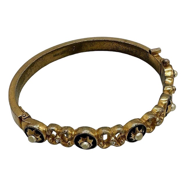 1960s Neo-Classic Hinged Bangle With Pearl & Jewels Signed CastleCliff For Sale