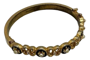 1960s Neo-Classic Hinged Bangle With Pearl & Jewels Signed CastleCliff