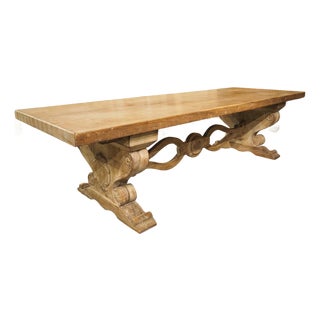 Early 1900’s French Dining Table With Shaped Trestle Supports and Cartouche Carvings For Sale