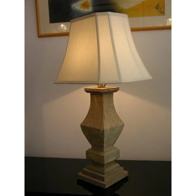 Carved rustic wooden table lamps of baluster shape, hand-painted with a shabby chic grey wash finish, with a lovely...