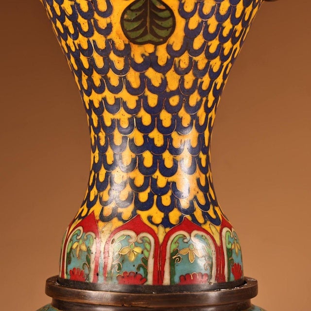 Chinese Monumental Pair of Chinese Cloisonné Enamel "Fish" Vases With Stands - 48cm, 9.6kg For Sale - Image 3 of 8