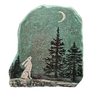 Hand Painted River Stone Art "Rabbit Howling at the Moon" Yellow Paw Collectible Rocks For Sale