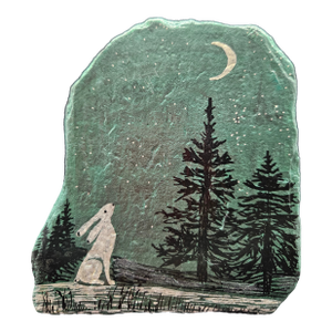 Hand Painted River Stone Art "Rabbit Howling at the Moon" Yellow Paw Collectible Rocks
