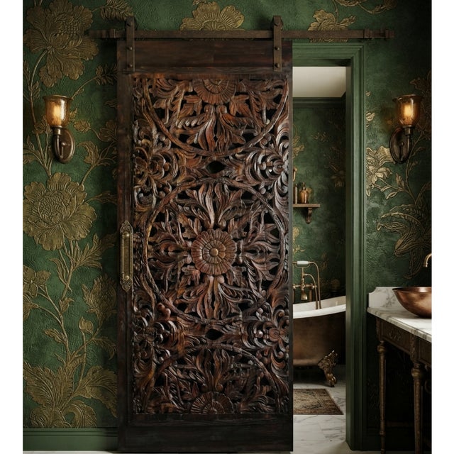 Wood Vintage Carved Wood Lotus Lattice Barn Door – Ornate Room Divider & Wall Panel 92.5x40.5 For Sale - Image 7 of 7