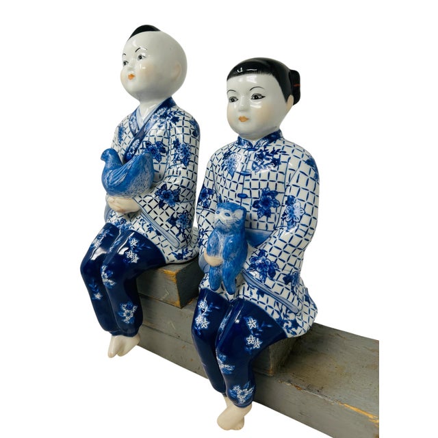 Ceramic Pristine 1980s Chinoiserie Cobalt Blue & White Porcelain Shelf Sitters - A Pair For Sale - Image 7 of 16