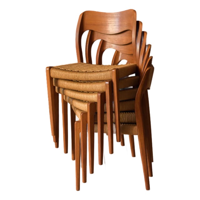 Set of Six Danish Modern Teak and Paper Cord Niels O. Moller Dining Chairs 71 For Sale