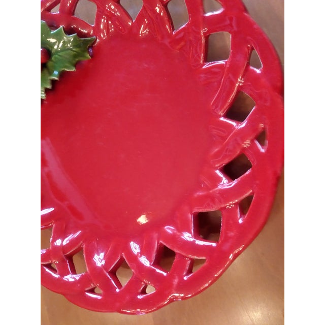 Dainty Majolica Trompe l'Oile Red Hollyberry Lace Edge Plate For Sale - Image 10 of 11