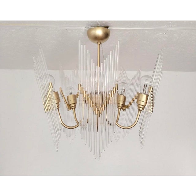 Rare 1970s Brass & Glass Rod Chandelier | 5-Light Vintage Fixture | Restored Mid Century Lighting For Sale - Image 13 of 14