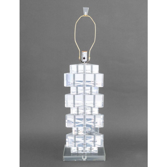 Karl Springer Style Triangular Column Clear Acrylic Lamp. 33" H x 8.5" W x 4.5" D. Provenance: From a New York City...