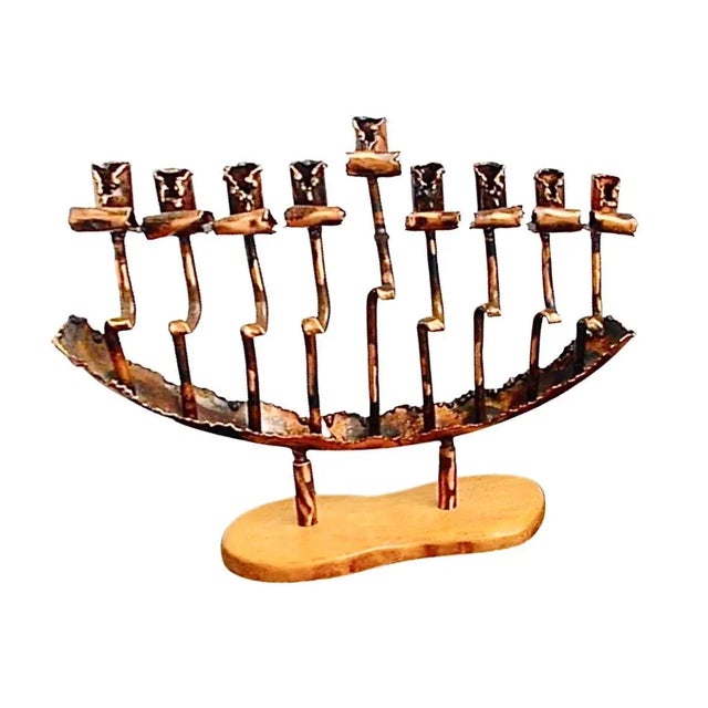 Abstract X-Large, Vintage Rami Zamir Torch Cut Hand Forged Brutalist Copper Menorah and Pedestal One of a Kind Israel For Sale - Image 3 of 13