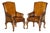 Pair of Antique Heavily Carved Hand Dyed Brown Leather Throne Armchairs For Sale